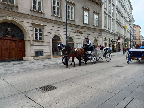 Vienna, Austria - June 8, 2023: Street life in Stephanplatz square, Vienna. Horse-drawn carriages carry tourists around to enjoy sightseeing of the city.