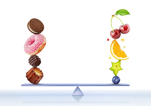 A stack of fresh ripe fruits and berries vs unhealthy fast food isolated on white background. Healthy life, proper nutrition, weight loss, balanced diet food composition design elements, 3D mixed media concept illustration