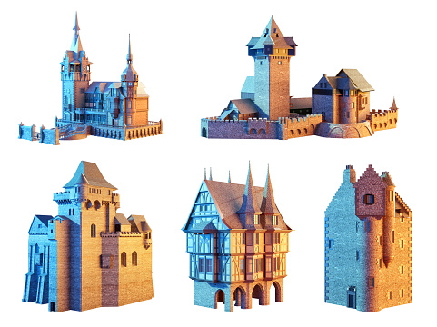 European medieval fantasy town buildings set. Ancient Europe fairytale architectural urban objects isolated, buildings, old towers, traditional castles, gothic churches. History, game scene 3D mixed media illustration clipart