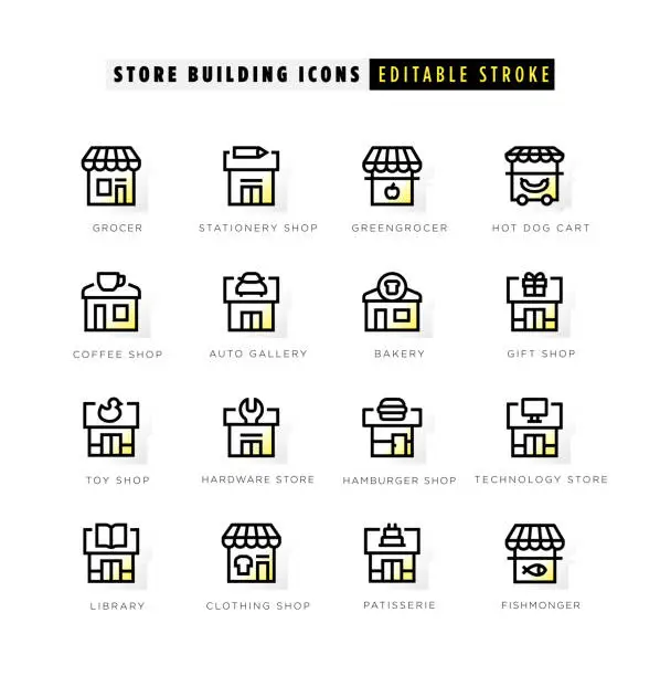 Vector illustration of Store building icons with yellow inner glow