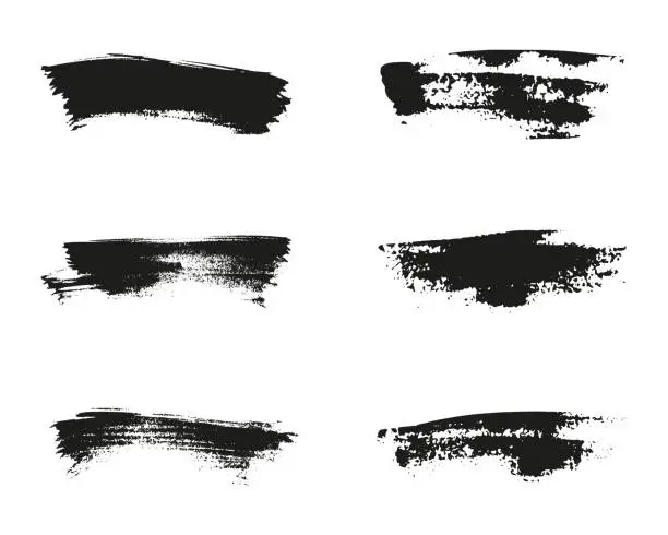 Vector illustration of Paintbrush Dirty Scratch Stripes Set. Brush Stroke Black Paint, Grunge Ink Line. Abstract Design, Grungy Texture Background. Watercolor Brushstroke Splash Collection. Isolated Vector Illustration