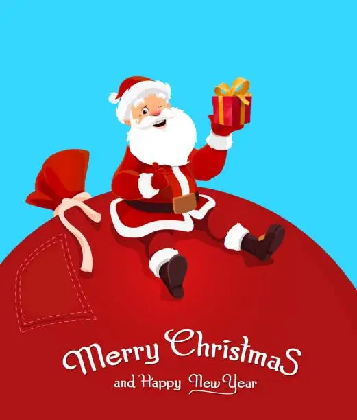 Vector illustration of Cartoon Santa sitting on big bag of gifts
