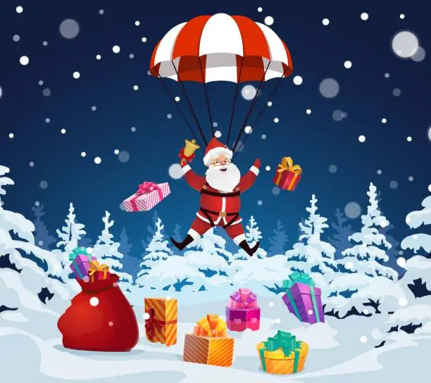 Vector illustration of Santa with jingle bell descends on a parachute