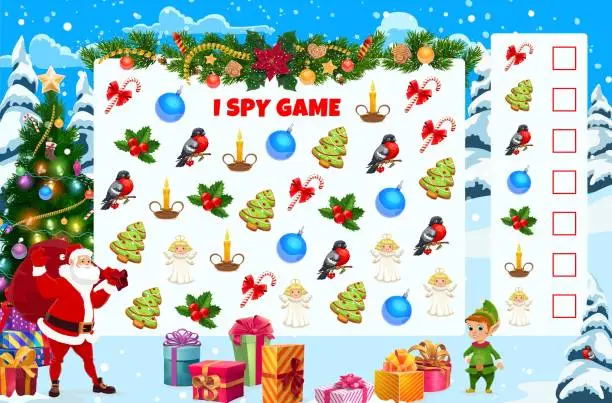 Vector illustration of Christmas i spy game worksheet kids vector riddle