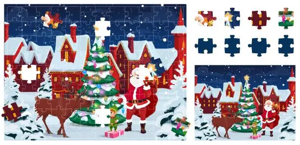 Vector illustration of Jigsaw puzzle game pieces, Christmas landscape