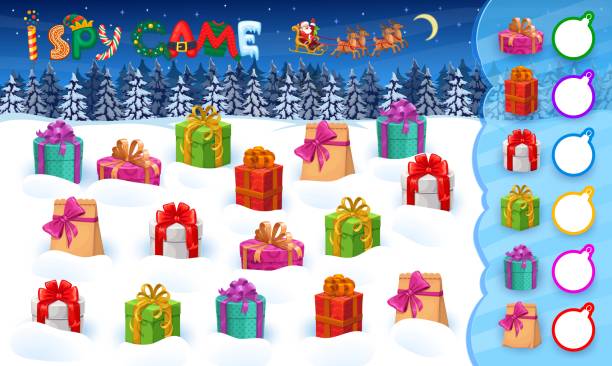 I spy game Christmas holiday gifts on snow, quiz I spy game Christmas holiday gifts on snow. Kids vector riddle worksheet with cartoon colorful boxes. Count how many presents children test. Funny math educational task for children mind development spy games stock illustrations