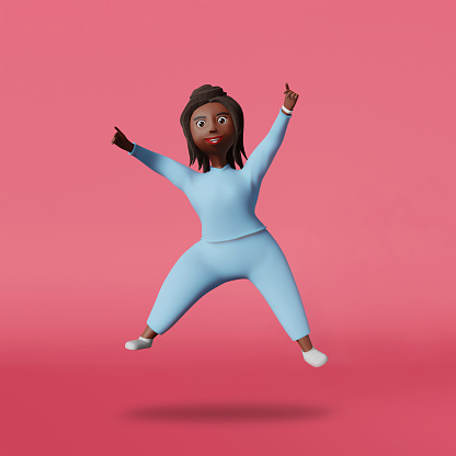 Happy motivated inspired African American young woman 3D rendering character. Multiracial energetic diverse black girl jumping up on pink background. Creative idea Personal Growth Development Solution