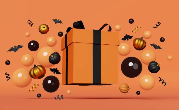 istock Halloween sale Pumpkins gift box black flying bats floating bubbles ribbons 3D rendering banner for social media ads. 1706011194