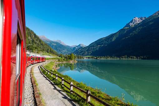 Red train of Bernina in the Swiss alps