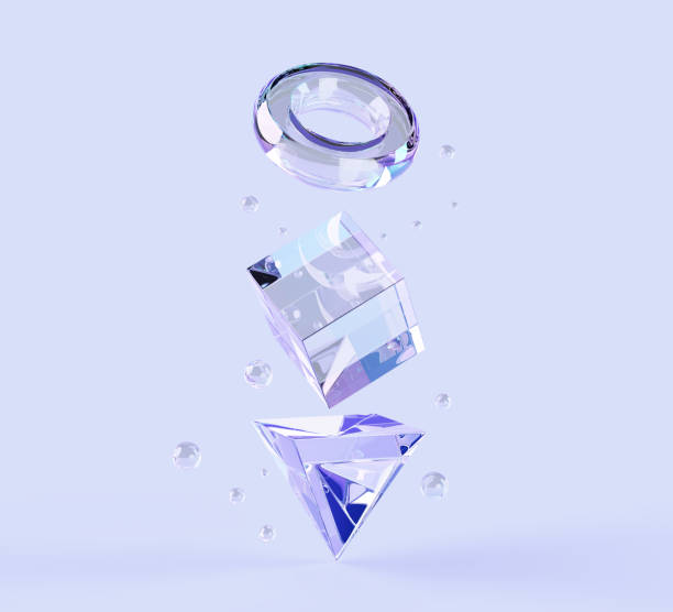 Glass transparent clear triangle, ring and cube box with soap bubbles or water drops on blue background 3d render. Flying abstract geometric shapes, crystal rainbow balancing objects
