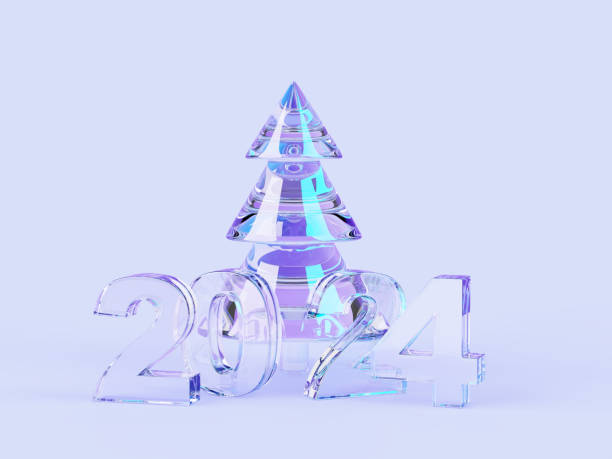 árbol de navidad de cristal con números transparentes de vidrio 2024, figuras de hielo sobre fondo azul render 3d. elementos de diseño holográfico iridiscente claro para tarjeta de felicitación, banner de año nuevo - ice crystal textured ice winter fotografías e imágenes de stock