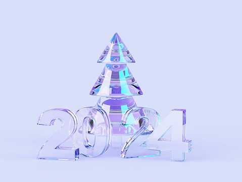 Crystal Christmas tree with glass transparent 2024 numbers, ice figures on blue background 3d render. Clear iridescent holographic design elements for greeting card, New Year banner. 3D illustration