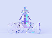 Crystal Christmas tree with glass transparent 2024 numbers, ice figures on blue background 3d render. Clear iridescent holographic design elements for greeting card, New Year banner