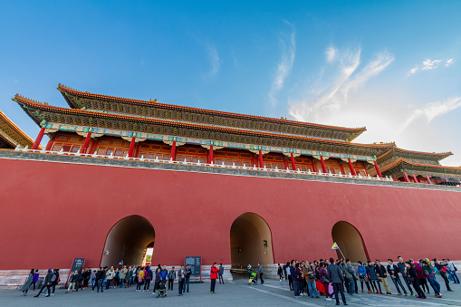 Beijing, China. October 28th, 2023. Forbidden City. Visitors walking inside the Forbidden City’s squares and buildings. Meridian Gate in the background