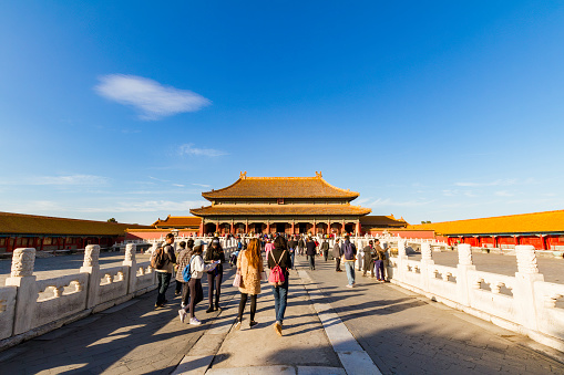 Beijing, China. October 28th, 2023. Visitors walking inside the Forbidden City’s squares and buildings.