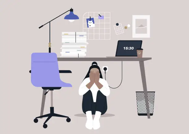 Vector illustration of A character experiencing a mental breakdown in their office, crouched beneath their desk, seeking refuge from the overwhelming paperwork and the stress of modern-day competition