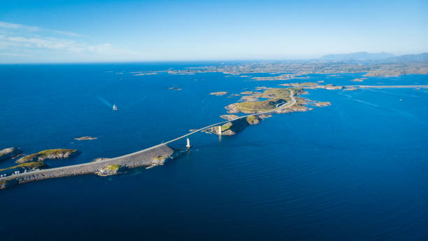 Aerial view. World famous Atlantic road bridge Atlanterhavsvegen in Norway Europe. Norwegian national scenic route. Tourist attraction.