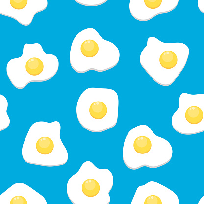 Seamless pattern with scrambled eggs on a blue background. Pattern with eggs.