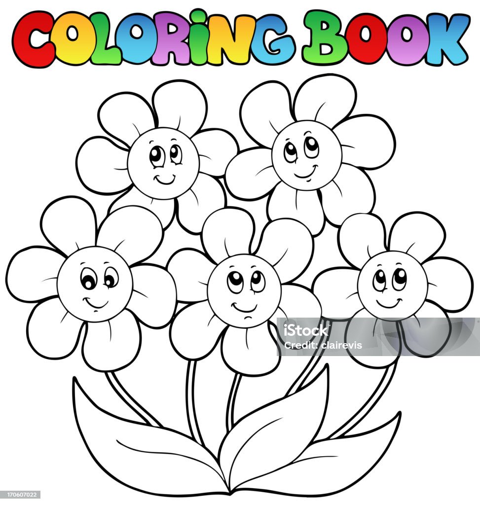 Coloring book with five flowers Coloring book with five flowers - vector illustration. Anthropomorphic Smiley Face stock vector