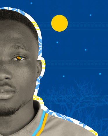 Half-face portrait of young african man over blue background with ornament design element. Contemporary art collage. Concept of culture, traditions, diversity, nationality, creativity. Colorful design