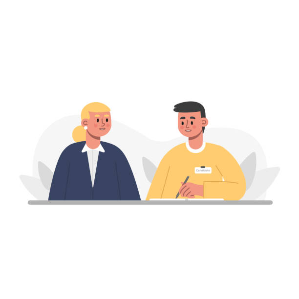 Face to face job interview. Individual conversation with employer Face to face job interview. Individual conversation with employer. Candidate talks about his experience and preferences. Headhunter is looking for new specialist. Dialogue with HR interview stock illustrations