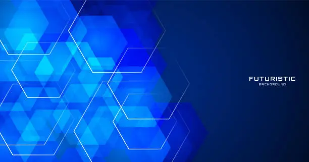 Vector illustration of 3D blue techno abstract background overlap layer on dark space with glowing hexagon shape effect decoration. Modern graphic design element future style concept for banner, flyer, card, or brochure cover