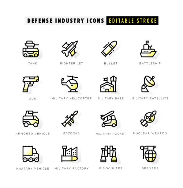 Vector illustration of Defense industry icons with yellow inner glow