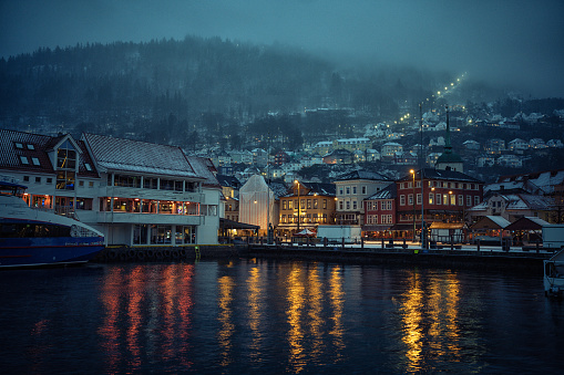 Bergen under a snow storm: typical winter weather in Norway