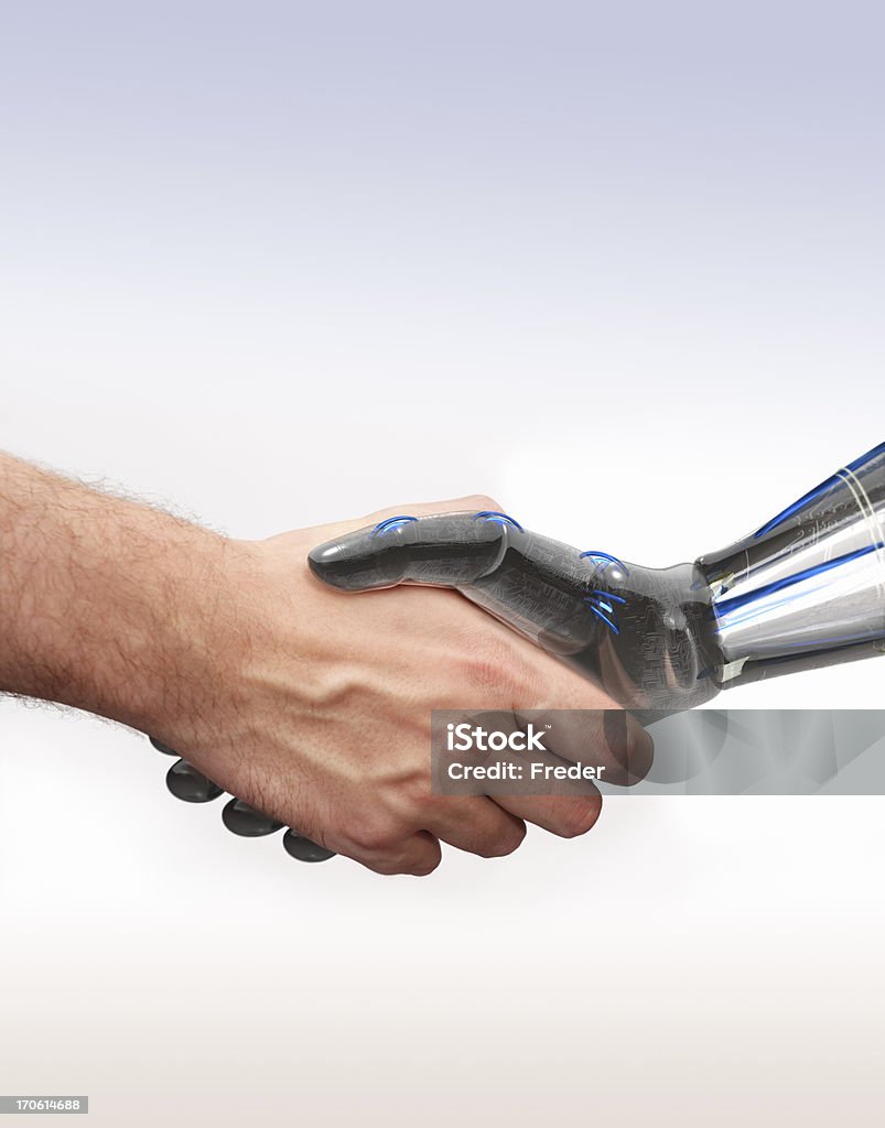shake hands with new technologies Variation of the classic handshake concept shot with a human hand and a robot hand.Very detailed rendering of the robotic hand, zoom in to view. Robot Stock Photo