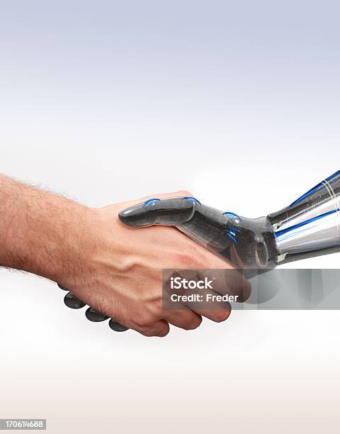 Shake Hands With New Technologies Stock Photo - Download Image Now - Robot, Handshake, People