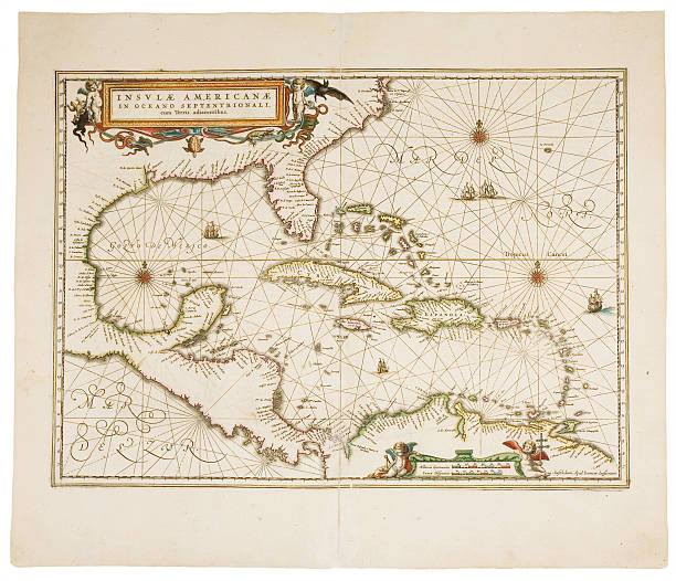 carribean map anitque spanish atlas, 18th century, hand coloured engraving. beautiful aged paper. during restoration of this classic masterpiece i had the unique chance to reproduce a good part of it under perfect conditions. there are complete maps as facsimile shots and delicate details. west indies stock illustrations