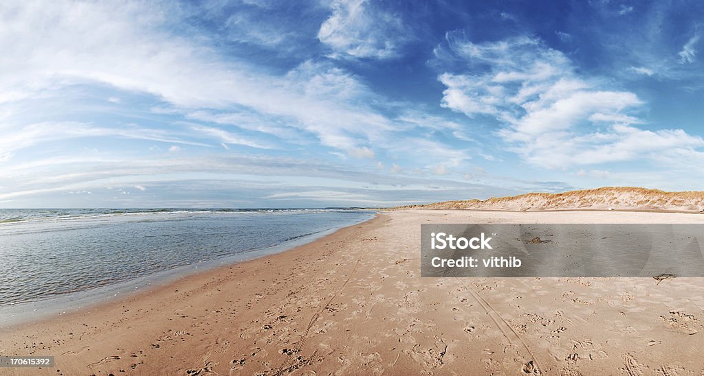 Panorama der dänischen Strand mit blauer Himmel und flauschigen Wolken - Lizenzfrei Abgeschiedenheit Stock-Foto