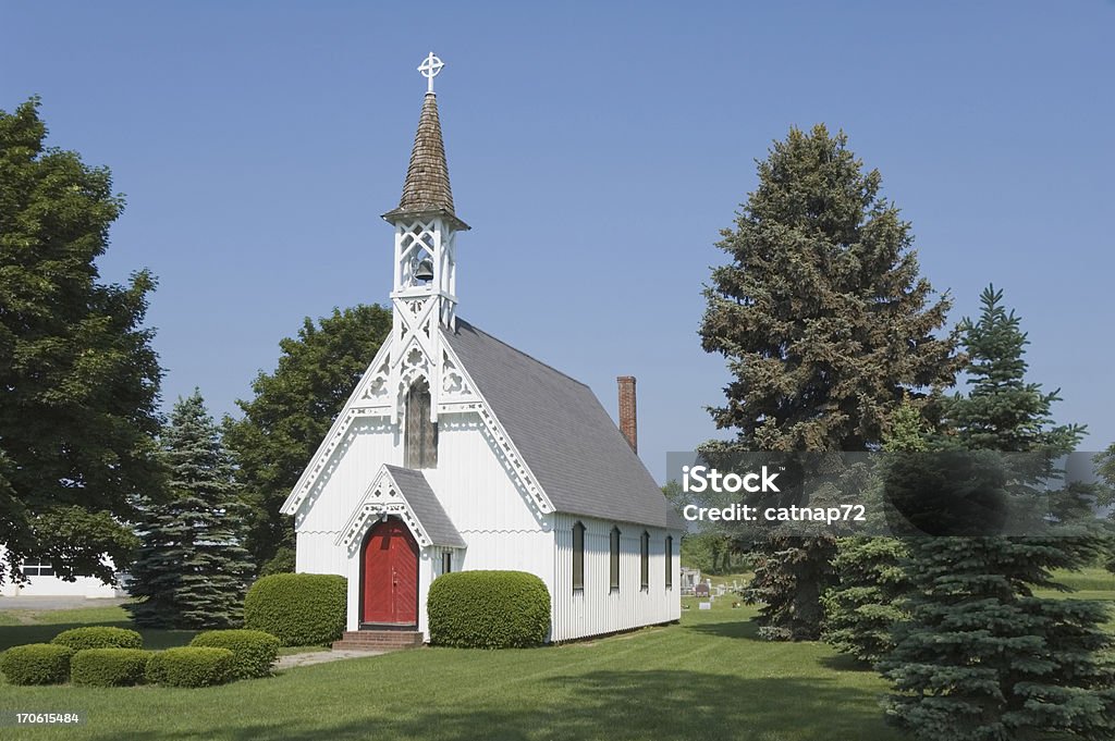 Church in the Country, Small Rural Victorian White church in the country on a sunny day in an 1800's Victorian gingerbread architectural style, rural New York, NY, USA. Church Stock Photo