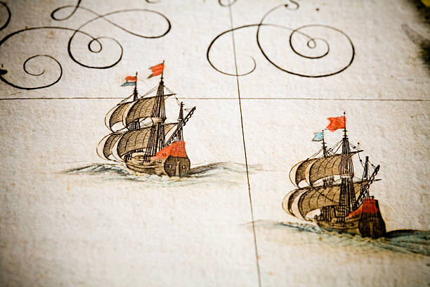 chasing ships two historical sailing ships, 17th century galleons, are sailing under full sails.am anitque spanish atlas, 18th century, hand coloured engraving. beautiful aged paper. shallow DOF.during restoration of this classic masterpiece i had the unique chance to reproduce a good part of it under perfect conditions. there are complete maps as facsimile shots and delicate details. spanish culture illustrations stock illustrations