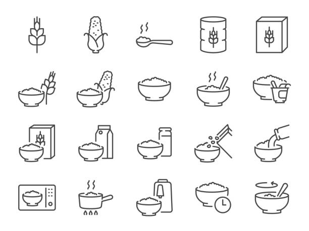 ilustraciones, imágenes clip art, dibujos animados e iconos de stock de conjunto de iconos de desayuno. incluía avena, harina, copo de maíz, congee y más iconos. trazo vectorial editable. - fibra dietética