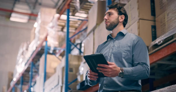 istock Man at warehouse, tablet and inspection with inventory management, distribution and logistics. Supplier, product check and digital storage system, supply chain and shipping industry with wholesale 1706156496