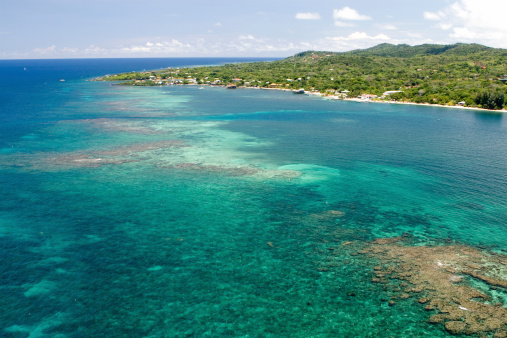 Aerial view of tropical Caribbean island. Roatan, Honduras