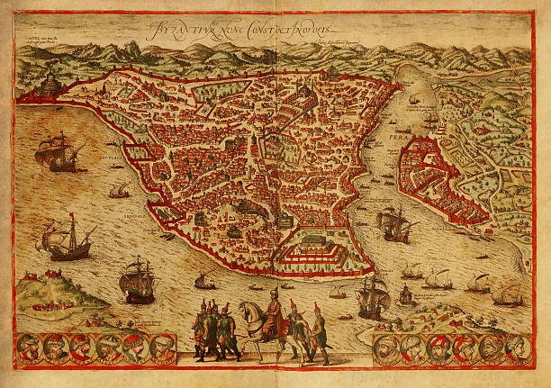 Istanbul Old Map Old engraving depicting map of Constantinopolis (Istanbul), the capital of the Byzantine and the Ottoman empires. Printed in 1572 by Braun and Hogenberg in Civitates Orbis Terrarum. Photo by N. Staykov (2007)Click on thumbnails below for more images of Istanbul: vintage maps stock illustrations