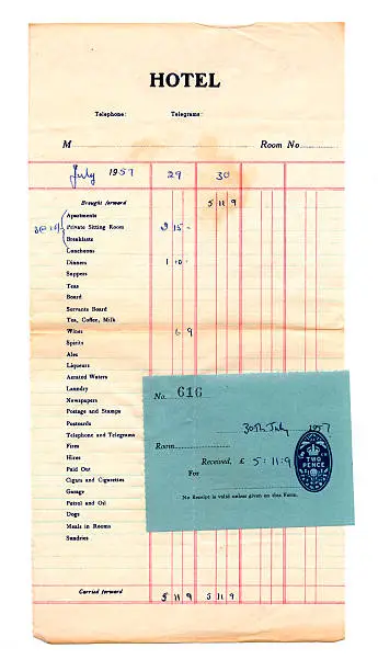 An old hotel bill dated 1957. Identifying details removed.