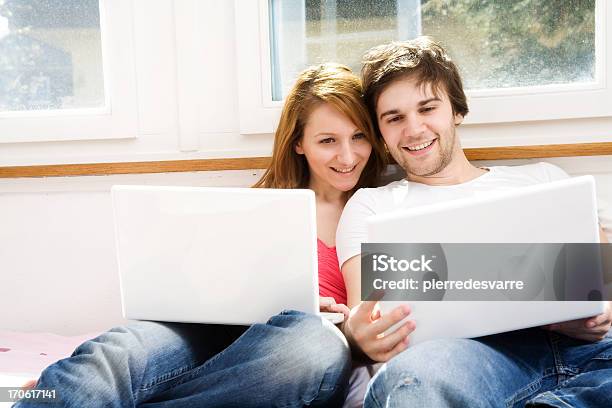 Couple With Laptops Copyspace Stock Photo - Download Image Now - Order, Television Set, 20-29 Years