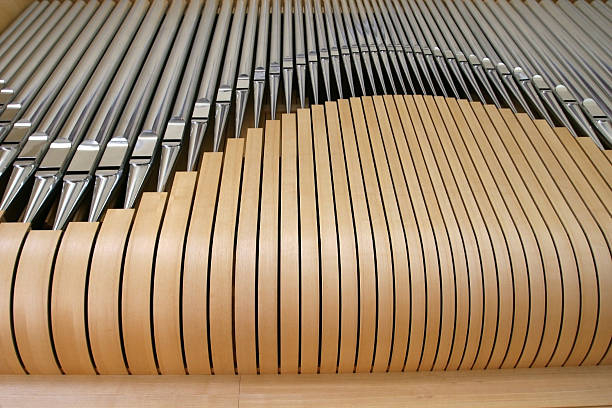 wooden pipe organ close up stock photo