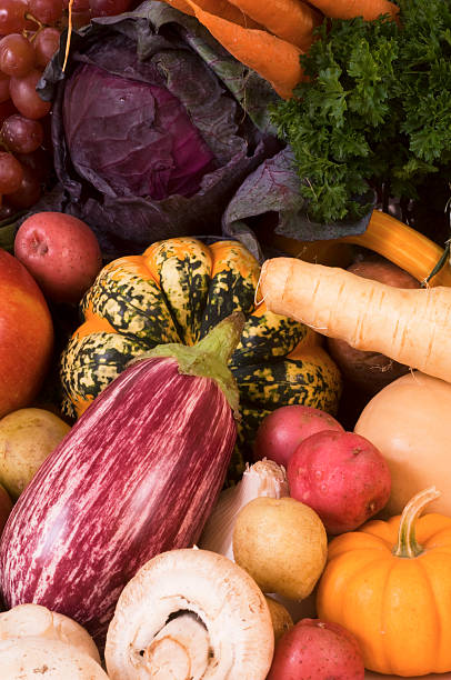 All the goodness of the autumn harvest in this colorful vegetable and fruit image. Many different varieties,colors and textures. Good background image. Fills entire frame!For More Great Edible Options, Go to this lightbox!