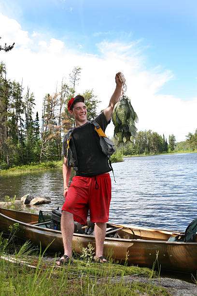 adolescente con stringer de enorme crappies - canoeing canoe minnesota lake fotografías e imágenes de stock