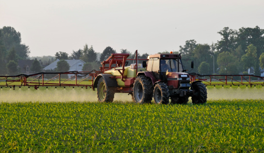 Agricultural machinery spraying the crops with pesticides in springtime in Flanders,Belgium.