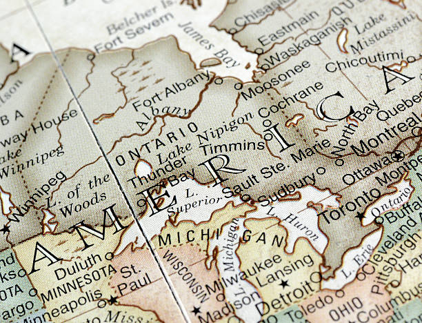Ontario A close-up photograph of Ontario, Canada from a desktop globe. Adobe RGB color profile. great lakes photos stock pictures, royalty-free photos & images