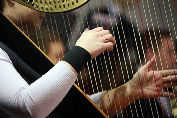 istock Harpist playing at concert...orchestra in the back 170618510