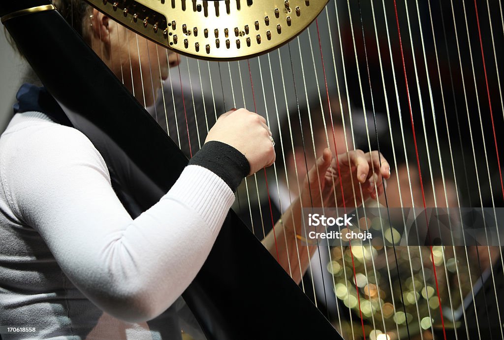 Harpiste joue à concert.orchestra dans le dos - Photo de Harpe libre de droits