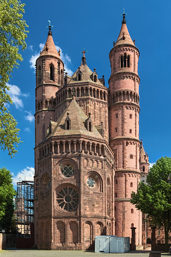 Worms, Germany. West facade of St. Peter's Cathedral (Worms Cathedral). The cathedral was built from about 1130 to 1181. This is one of the three Romanesque imperial cathedrals (Kaizerdom) in the northwestern Upper Rhine area besides the Mainz Cathedral and Speyer Cathedral.