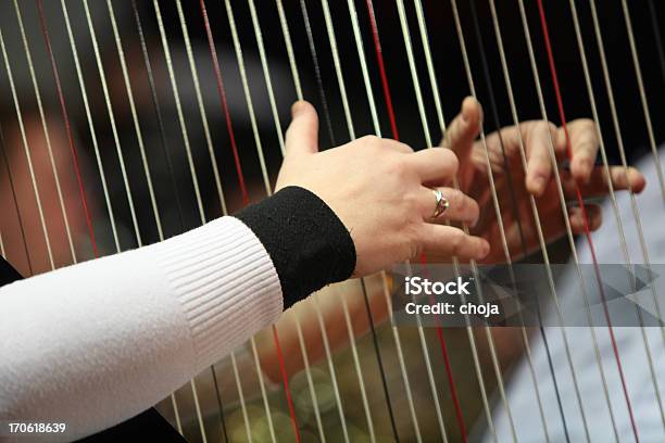 Harpist Giocare A Concertorchestra Sul Retro - Fotografie stock e altre immagini di Arpa - Arpa, Orchestra, Arte, Cultura e Spettacolo