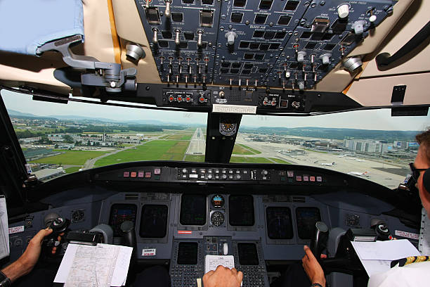 istock Airplane landing on airport...Cockpit 170618859